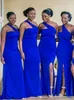 Blue One épaule sirène Bridesmaid Side Split Sweep Train South African Wedding Guest Party Party Gowns Maid of Honor Robe Simple pas cher