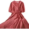 Mode vår sommar söta retro solida färgklänningar för kvinnans spets upp puffhylsa v-hals a-line lång klänning vestidos 210420