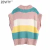 Zevity Spring Mujeres Moda V Cuello Color Partido Rayado Casual Tejido Suéter Chic Lady Ocio Sin mangas Chaleco Tops S613 210419