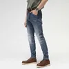 American Street Style Fashion Men Jeans Retro Blå Elastisk Slim Fit Biker Spliced ​​Designer Hip Hop Denim Pencil Byxor