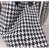 Houndstooth Korean Belt Woolen Coats Jackor Kvinnor Puff Sleeve Notched Collar Double-Breasted Elegant Vintage Kvinna Outwear Topp 210518