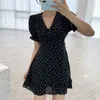 Korejpaa Women Mini Dress Korean Fashion Chic Retro Love Printed Doll Collar Ruffle Slim High Waist Bubble Sleeve Vestido 210526