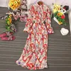 Herbstkleid Temperament Rollkragen Taille Schlank Lange Ärmel Schnürung Wild Floral Maxi Vestidos UK016 210806