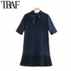 TRAF Dames Vintage Chic Office Wear Back Boog Tie Geplooid Mini Jurk Mode Hoge Kraag Korte Mouw Vrouwelijke Jurken Vestidos 210415