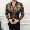 남성용 드레스 셔츠 2021 밴드 가을 골드 소셜 클럽 셔츠 럭셔리 바로크 Camisa 슬림 피트 블랙 디자이너