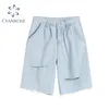 5-punktowe dżinsy kobiety koreańskie streetwear casual wysoki talii lato niebieskie luźne proste spodnie rozdzierające denim szorty damskie 210515