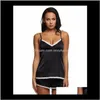 Womens Underwear Apparel Drop Delivery 2021 Summer Shorts Sets V-Neck Sleepwear Black Satin Women Pajamas Spaghetti Strap Lace Sexy Pajama S-