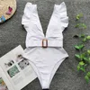 Colysmo Белый купальник для женщин Beachwear ruffles Deep V-образным вырезом ремня без спинки монокини сексуальный бикини 210527
