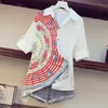 Plus Size Fashion 2 Piece Women Patchwork Print Chiffon Shirt Top + Jean Suits Summer Casual Blouses Denim Shorts Set 210416