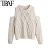 TRAF Women Fashion Bobble Appliques Hollow Out Knitted Sweater Vintage O Neck Long Sleeve Female Pullovers Chic Tops 210415