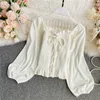 Velour Women Blouses Solid Lace Up Bow Sweet Autumn Short Shirts Elegant Korean Puff Sleeve Blusas Stretch 18680 210415