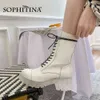 Sophitina damska Martin Botki Mid-Calf Przezroczysty Obcas Okrągły Toe Knight Boot Czarny Biały Pasek Jesień Zima Kobiety Buty Po705 210513