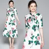 Vintage Elegant Rose Flower Print Bow Collar Plus Size Dress Women Work Party Dresses A-Line Chic Daily Wear Boho Mujer 210421