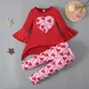 Valentine's Day Spring and Autumn Kids Girls Clothing Set Flare Sleeve Top + Pants Two-piece Love Heart Pattern outfit M3991