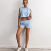 Frauen Sweatshirt Set Solide Ärmellose Weibliche 2 Stück Trainingsanzug Hoodie Spitze Up Crop Top + Shorts Taschen Sommer Casual Sport 210518