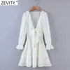 Zevity 여성 섹시한 V 넥 매듭 된 도트시 폰 드레스 여성 세련된 퍼프 슬리브 탄성 허리 슬림 프릴 Vestidos DS8347 210603