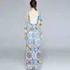 Jesień Kobiety Bez Ramiączek Długi Latarnia Rękaw Backless Sexy Split Party Runway Blue and White Porcelan Flower Maxi Dress 210416