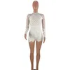 Kvinnors Jumpsuits Rompers Elegant Kvinnor Solid Slim Casual Bodysuit Långärmad Lace Romper Korta Byxor med dragkedja Bandage Playsuits 2021