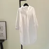 Abiti casual camicie lunghe camicie da donna 2021 primavera torna alla manica di base pulsante in alto ragazzo amico stile cotone camicetta tasca top bianco