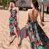 Kobiety Szyfonowa Sukienka Lato Kobieta Vintage Spaghetti Pasek Bez Rękawów Holiday Holiday Bohemian Beach Backless Long Sundress 210423