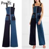 Designer kändis stil patchwork blå jumpsuits knappar bodysuit kvinnor jeans chic byxor ins hoppar sommar 210421