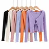 Cardigan a coste a punta con lacci retrò primaverili con rifiniture in lattuga Top lavorato a maglia sexy allacciato maglione corto 210429