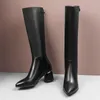 Winter Knee High Boots Women Natural Genuine Leather Thick Heel Long Zipper Pointed Toe Shoes Lady Fall 33-43 210517