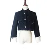 Femmes Nave Blue Tweed Col montant Veste courte Outwear Printemps Automne Bouton à manches longues Vintage Elegeant C0234 210514
