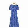 vintage puff sleeve floral dress summer side split long boho beach holiday retro print blue sun vestido 210427