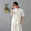 ジョニー教徒の女性中華風シャツコットンリネンブラウスソリッドカラー夏のスタンド半袖ボタンビンテージシャツ210521