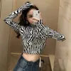 Sexy Dame Mode High Street Zebra Leopard Dierlijke Print Shirt Turtleneck Lange Mouwen Stretch T-shirt Top Slanke Bodycon 210421