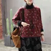 Höst Vinterkonst Stil Kvinnor Långärmad Loose Casual Pullovers Vintage Print Bomull Varm Turtleneck Hoodies Tops S561 210512