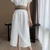 Coreano elegante stile Ol Splitting abito lungo donna manica corta O-collo vita alta abiti alla moda moda ufficio abiti 210513