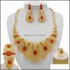 Bransoletka, Kolczyki Naszyjnik Zestawy Biżuterii Fine Set Bridal Set Nigerii Wedding Dubai Gold For Women African Big Red Stone Jewellery Drop Drop