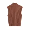 Sleeveless Sweater Women Autumn Casual Coffee Color Knitted Pullover Vest Elegant Turtleneck Sweaters Ladies Knitwear Chic Tops 210521