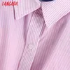 Tangada Sommar Kvinnor Rosa Striped Crop Blusar Vintage Short Sleeve Knotted Hem Female T-shirts Chic Tops Be642 210609