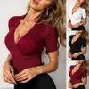 Mulheres Verão Casual Cores Sólidas Profundas V Pescoço De Tricô Bleios De Férias Mulheres Sexy Senhoras Manga Curta Slim Elástico Tops Roupas # P3 Camisa Feminina