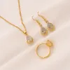 Boucles d'oreilles de pendentif en or fine 24K Bague Bague à chaîne tordu Drop blanc CZ Lucence Bijoux de mariée Ensembles de mariage