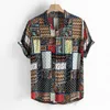 Mens Shirt Vintage Style Printing Loose Short Sleeve Stand Collar Casual Shirts Daily Wearing High Quality Office Big Size Blouse