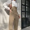 Retro plus storlek hög midja khaki bredben byxor kvinnor band vild löst avslappnad svart overall Capris mujer pantalones streetwear 210610