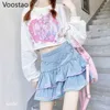 Söt lolita stil mini kjolar kvinnor hajuku söta preppy jk denim japanska tjejer sexig punk hög midja tiered 210629