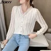 spring and autumn fashion V-neck lace shirt long-sleeved niche shirt mesh hollow air quality top JXMYY 210412