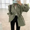 Korobov 새로운 한국어 솔리드 여성 재킷 Streetwear 긴 소매 턴 다운 칼라 여성 코트 슬림 하이 허리 Drawstring Tops 210430