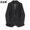 [EAM] femmes noir cordon tempérament Blazer revers à manches longues coupe ample veste mode printemps automne 1H792 211122