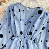 Dames onregelmatige blouse polka dot chiffon shirts herfst Franse puff mouw gesneden taille allmatch vrouwelijke blusa tops pl521 210401