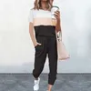 Summer Stripe Casual Suits Dames Sports Twee Stukken Set Pullover O Hals Top en Trekkoord Jogging Joggingbroek Homewar Trainingspakken 210709