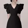 Mode Style manches bouffantes robe de soirée femmes été col en v mince femme Vestidos Vintage noir élégant dames longues 210506