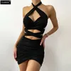 Isaros Sexig Baklösa Klänning Kvinnor Ärmlös Dubbel Lager Kors Bandage Hollow Waist Pläterad Slim Nightclub Halter Klänningar 210422