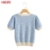 Tangada Korea Chic Kobiety Kwiaty Wzór Letni sweter Z Krótkim Rękawem Panie School Style Dzianiny Jumper Topy AI77 210609