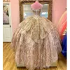 Luxuriöse goldene volle Spitze Quinceanera Kleider von Schulter Sweep -Zug Korsett auf Rücken Paufe Plus Size Prom Party Kleider für süße 15 16 Mädchen